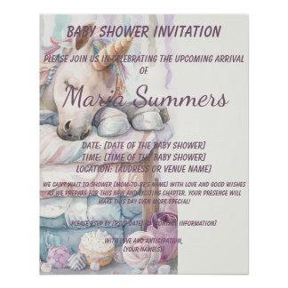 Sleeping Unicorn Watercolor Pastel Baby Shower Poster