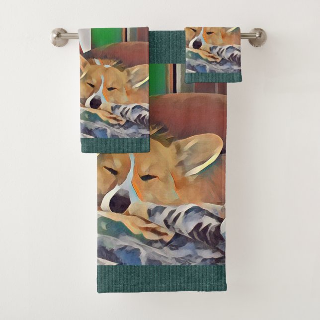 Sleeping Welsh Corgi Bath Towel Set (Insitu)