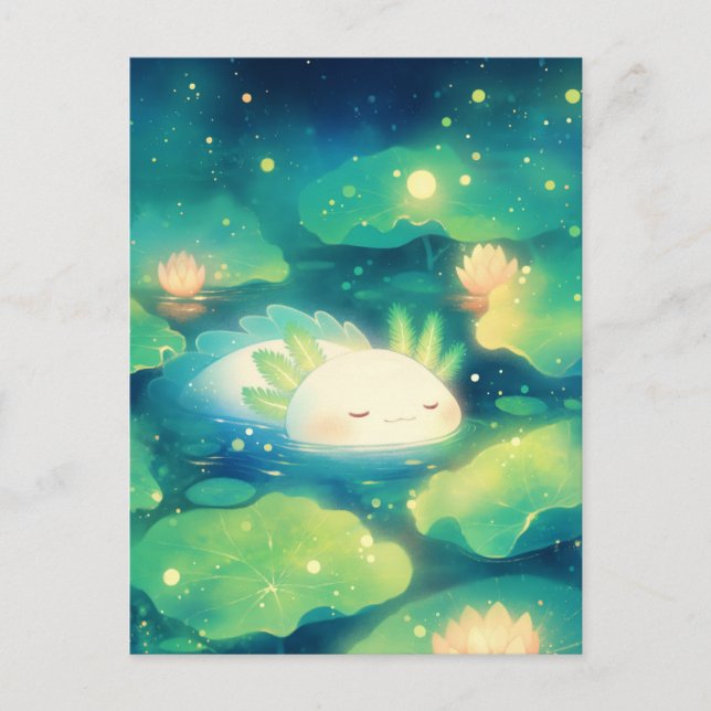 Sleeping White Axolotl in Magical Night Lotus Pond Postcard (Front)
