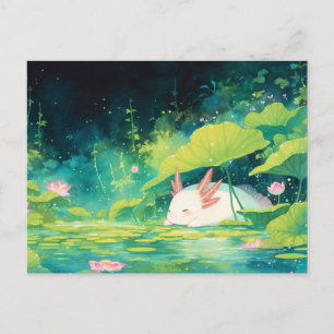 Sleeping White Axolotl in Magical Tropical Pond Postcard