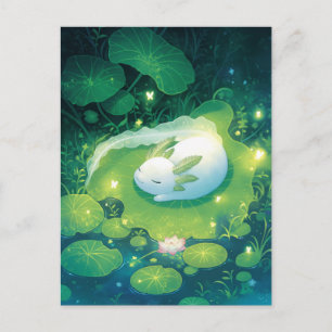 Sleeping White Axolotl on Glowing Lily Pad Postcard