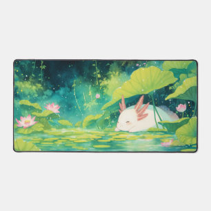 Sleeping White Axolotl Pink Lotus Pond Desk Mat