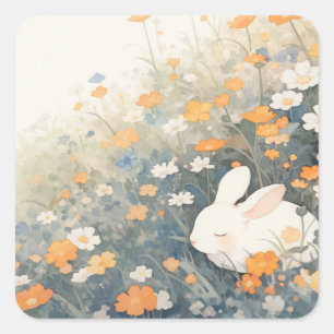 Sleeping White Bunny Rabbit in Orange Wildflower Square Sticker