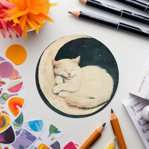Sleeping White Cat on Crescent Moon – Dreamy Night Classic Round Sticker