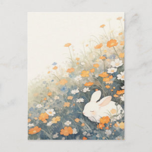 Sleeping White Rabbit in Orange Meadow Postcard