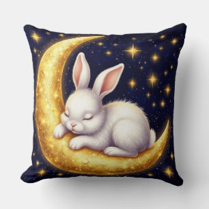 Sleeping White Rabbit On Golden Crescent Moon Cushion