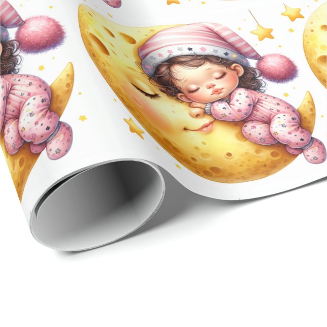 Sleeping With The Moon Baby Shower Newborn Girl Wrapping Paper (Roll Corner)