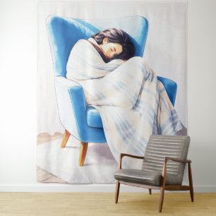 Sleeping Woman in Blue Armchair Cosy Blanket Tapestry