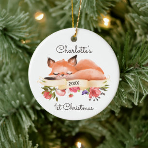 Sleeping Woodland Fox Personalised Baby's 1st Xmas Ceramic Tree Decoration