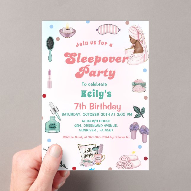  Sleepover Birthday Pamper Party Birthday Acrylic Invitations (Insitu (Handheld))