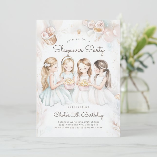 Sleepover Birthday party Movie night Girl birthday Invitation (Standing Front)