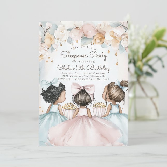 Sleepover Birthday party Movie night Girl birthday Invitation (Standing Front)