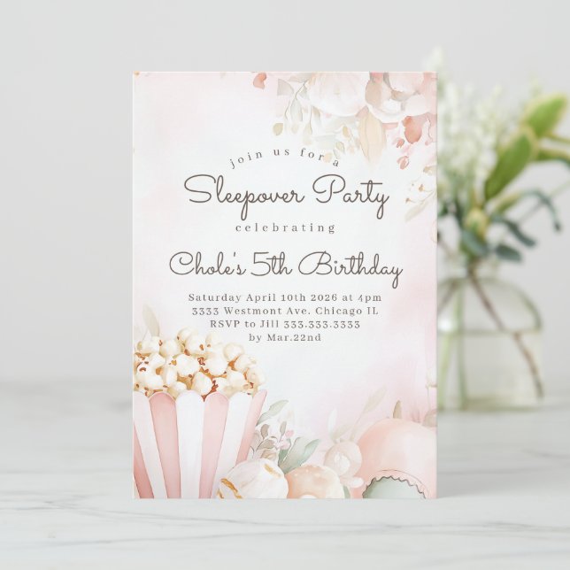 Sleepover Birthday party Movie night Girl birthday Invitation (Standing Front)