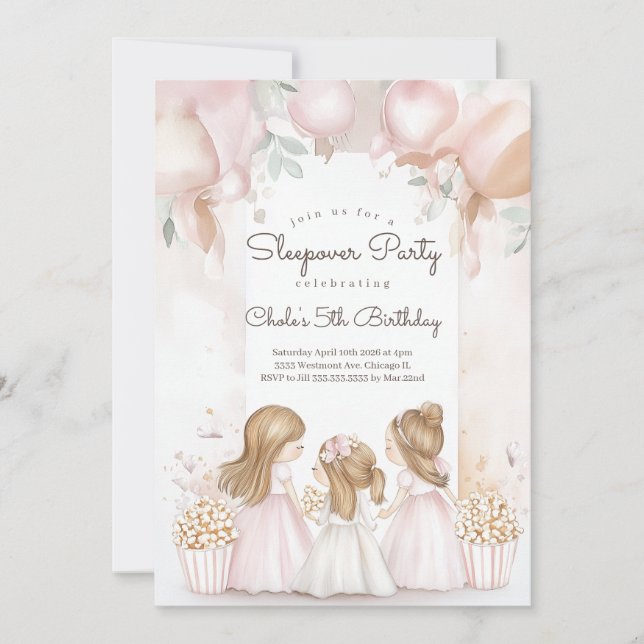 Sleepover Birthday party Movie night Girl birthday Invitation (Front)
