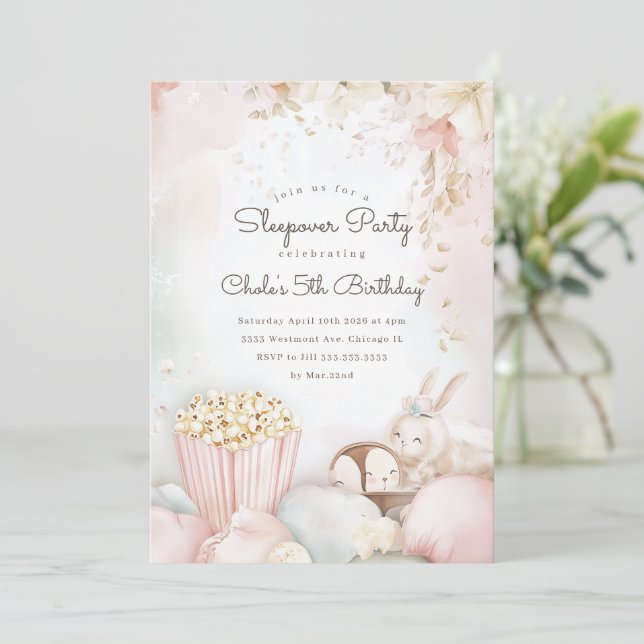 Sleepover Birthday party Movie night Girl birthday Invitation (Standing Front)