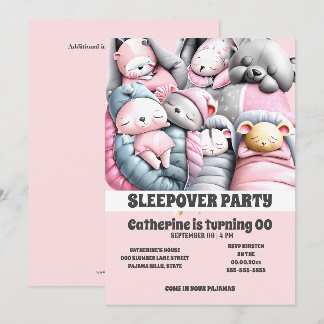 Sleepover comic animals sleeping pink grey slumber invitation (Front/Back)