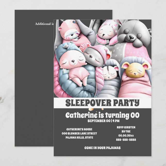 Sleepover cute animals sleeping pink grey slumber  invitation (Front/Back)