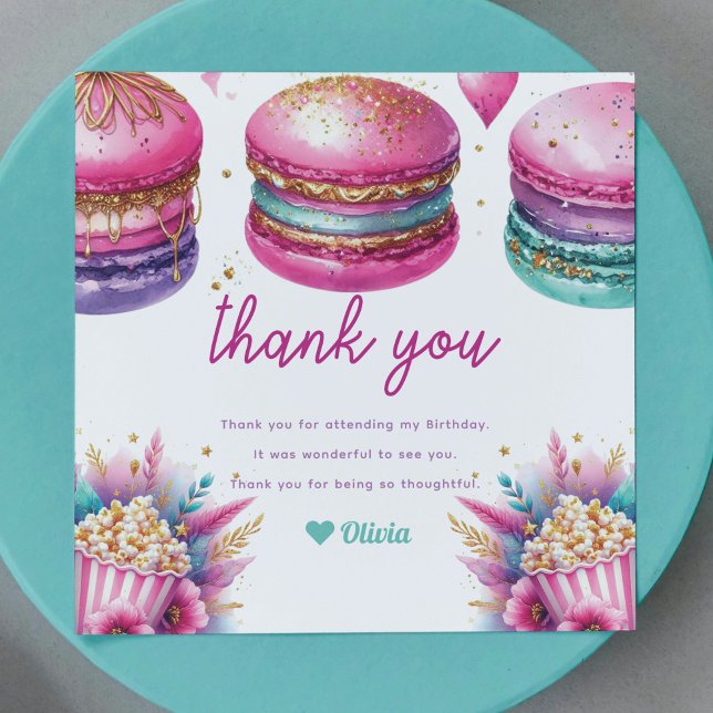 Sleepover Girl Birthday Popcorn & Macaroons Thank You Card (Creator Uploaded)