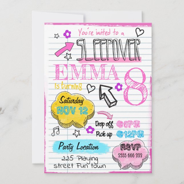 Sleepover Girl Party Doodle Birthday Invitation (Front)