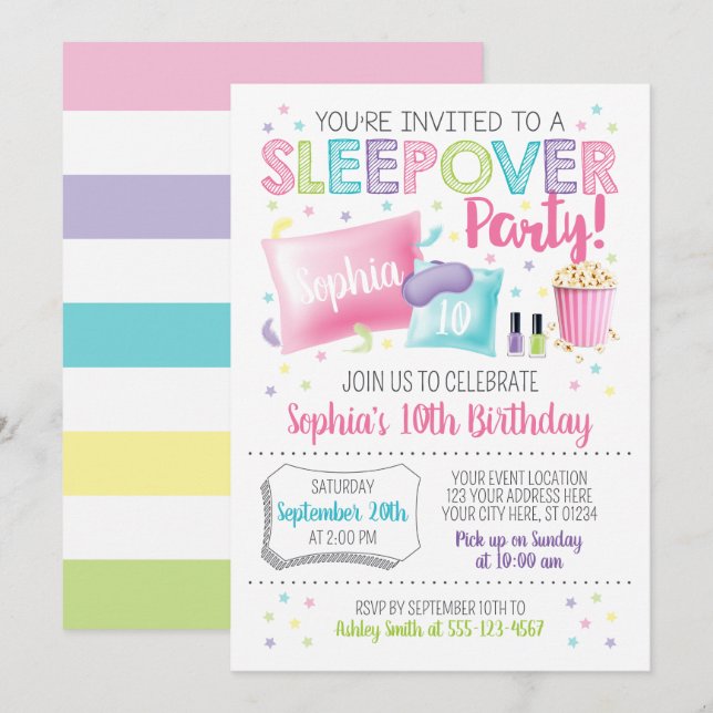 Sleepover Invitation, Slumber Party Birthday Invitation (Front/Back)