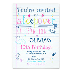 9th birthday Girl birthday Doodles invitation Preteen birthday Girls slumber party Printable sleepover invitation Notebook paper