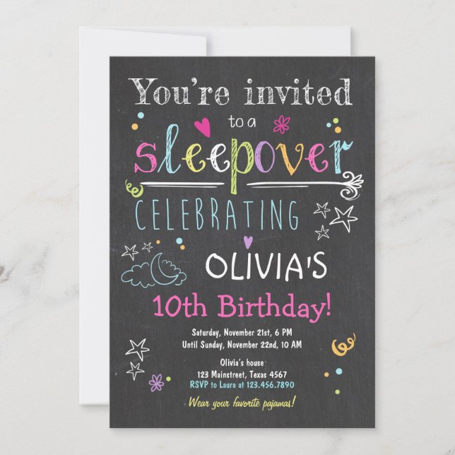 Sleepover Invitation Slumber Party Pyjamas Girl (Front)