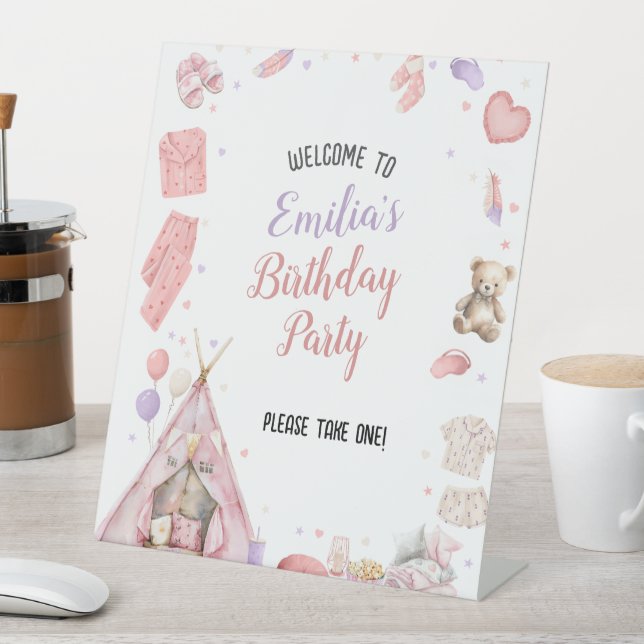 Sleepover Pajama Birthday Party Pedestal Sign (In SItu)