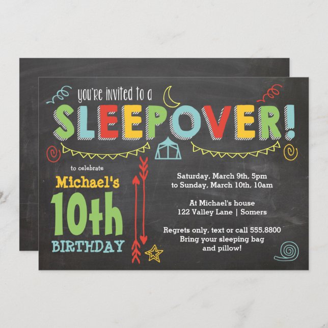 Sleepover Party, Chalkboard and Bold Colours Invitation (Front/Back)