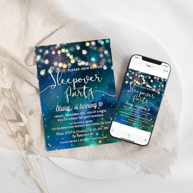 Sleepover Party Galaxy String Lights Blue Birthday Invitation (Creator Uploaded)