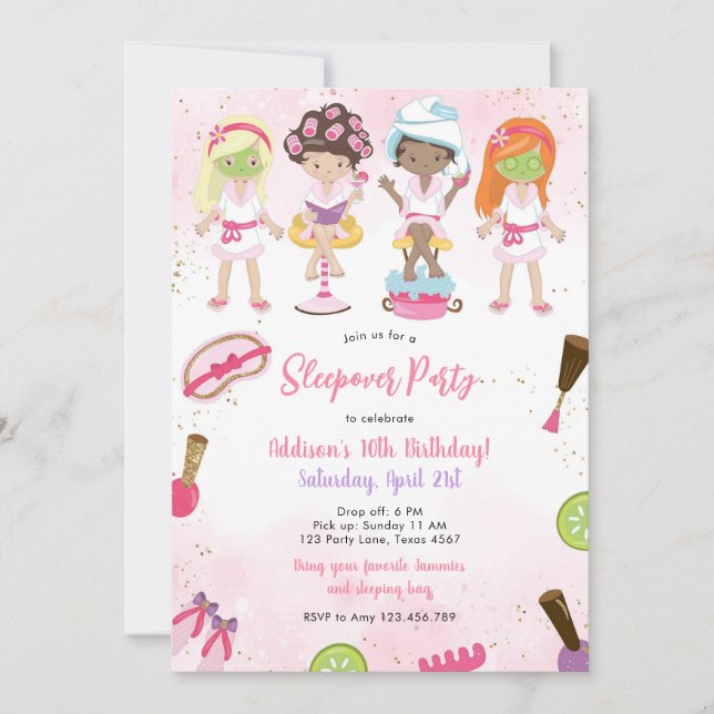 Sleepover Party Girl Spa Pink Birthday Invitation (Front)