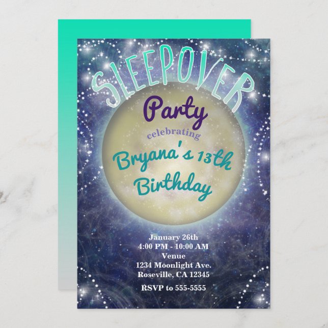 Sleepover Party Moon in the Night Sky Invitations (Front/Back)