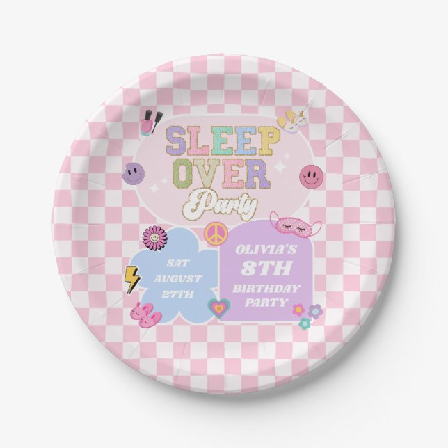 Sleepover Preppy Varsity Patch Birthday Party Paper Plate (Front)