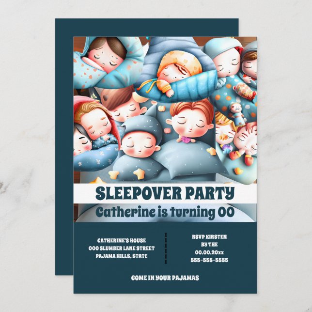 Sleepover sleeping kids slumber pajama cartoon fun invitation (Front/Back)
