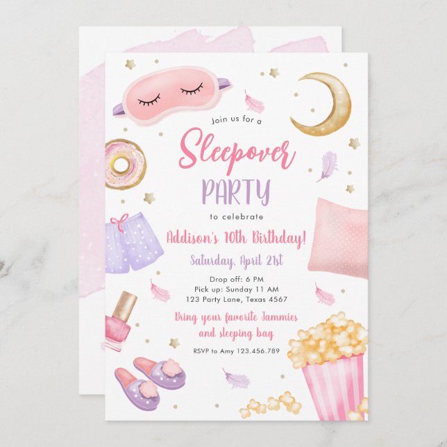 Sleepover Slumber Party Girl Spa Pink Birthday Inv Invitation (Front/Back)