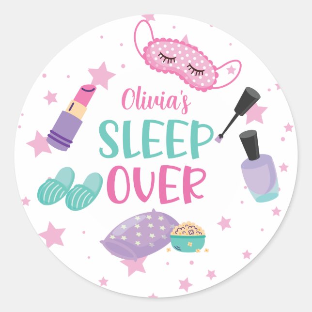 Sleepover slumber party pink purple tween classic round sticker (Front)