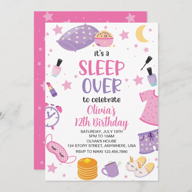 Sleepover slumber party pink purple tween invitation (Front/Back)
