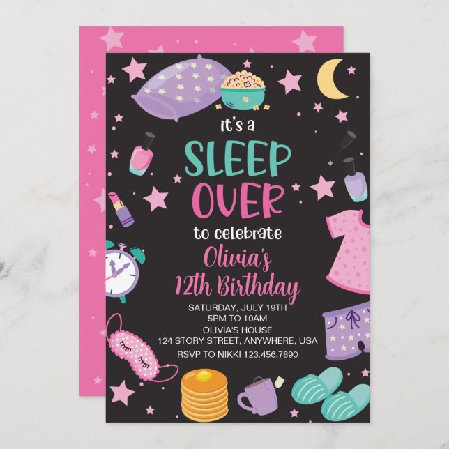 Sleepover slumber party pink purple tween invitation (Front/Back)