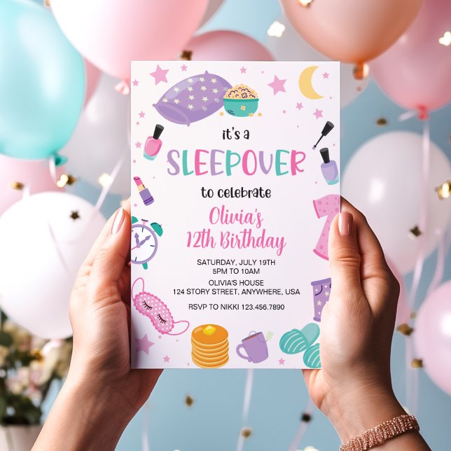 Sleepover slumber party pink purple tween invitation (Creator Uploaded)