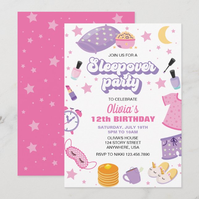 Sleepover slumber party pink purple tween invitation (Front/Back)