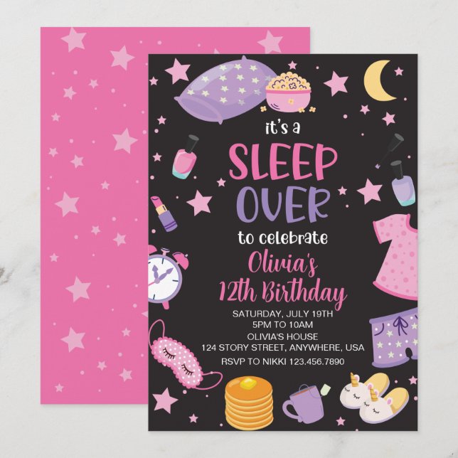 Sleepover slumber party pink purple tween invitation (Front/Back)
