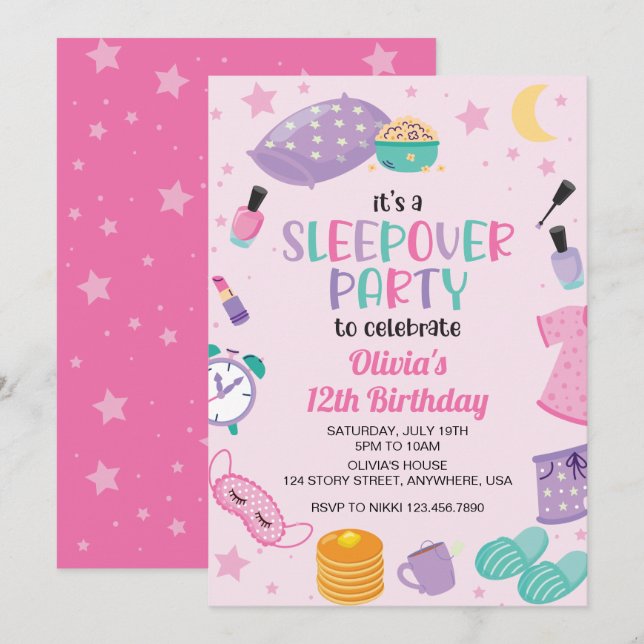 Sleepover slumber party pink purple tween invitation (Front/Back)