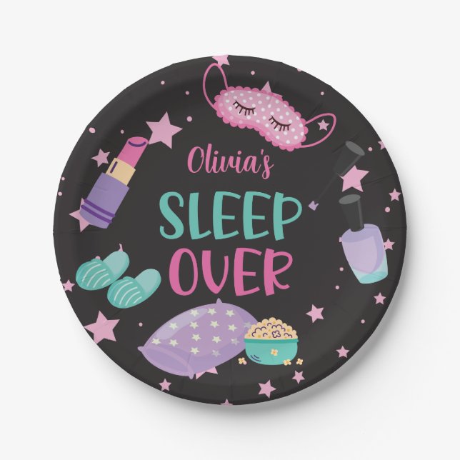 Sleepover slumber party pink purple tween paper pl plate (Front)