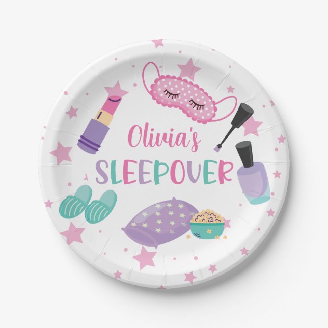 Sleepover slumber party pink purple tween paper plate (Front)