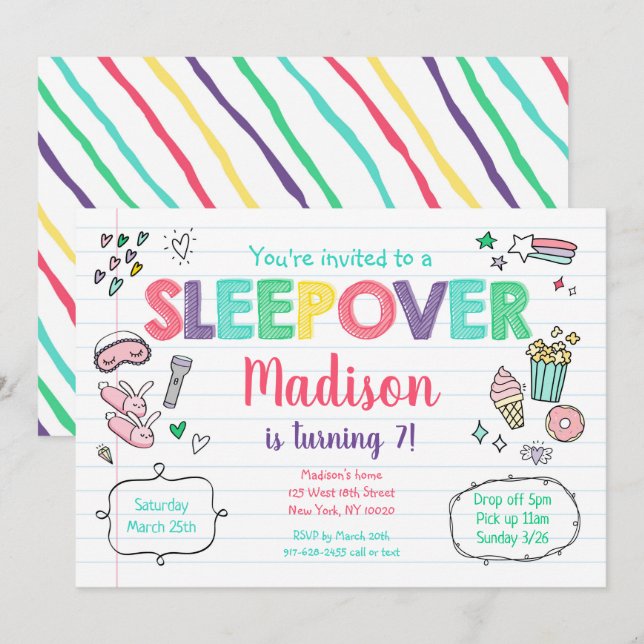 Sleepover Slumber Party Rainbow Girl Birthday Invitation (Front/Back)