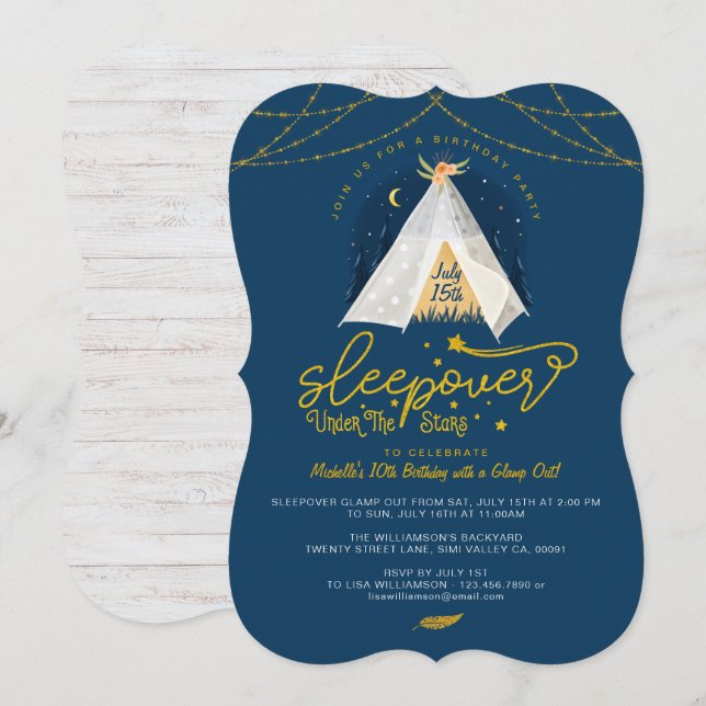 Sleepover Under the Stars Tepee Navy Gold Birthday Invitation (Front/Back)