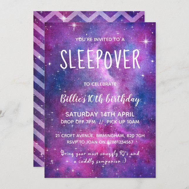Sleepover Watercolour Galaxy And Stars Invitation (Front/Back)