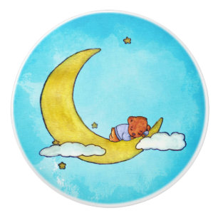 Sleepy Baby Boy Bear on Moon Ceramic Knob