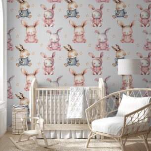 Sleepy Baby Bunny Rabbits Nursery Room Wallpaper