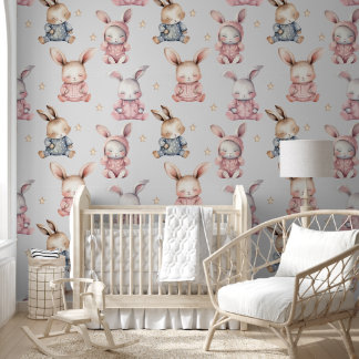 Sleepy Baby Bunny Rabbits Nursery Room Wallpaper