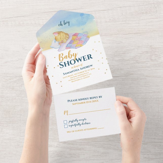 Sleepy Baby Cat Colourful Baby Shower  All In One Invitation (Tearaway)